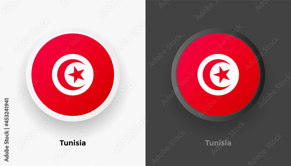 Wall mural Set of two Tunisia flag buttons in black and white background. Abstract shiny metallic rounded buttons with national country flag