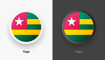 Set of two Togo flag buttons in black and white background. Abstract shiny metallic rounded buttons with national country flag