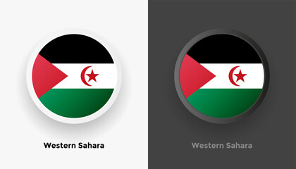 Set of two Western Sahara flag buttons in black and white background. Abstract shiny metallic rounded buttons with national country flag