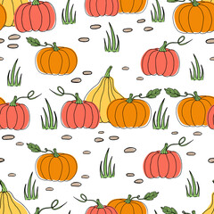 Autumn seamless pattern: pumpkins on a field with grass and pebbles. Harvest time. Vector image in the doodle style.