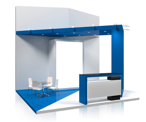 Fototapeta na wymiar The large exhibition stand is white with blue details. Empty Booth Template. 3D rendering.