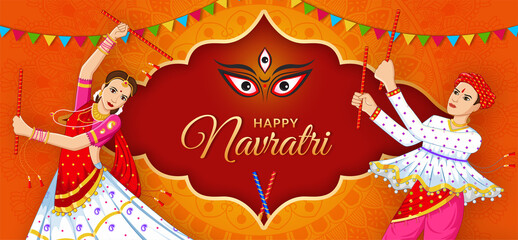 Dancing couple at Navratri, happy Durga Puja and Navratri 