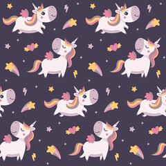 Seamless cute magical celestial vector pattern with unicorns, stars, sky, wings, hearts