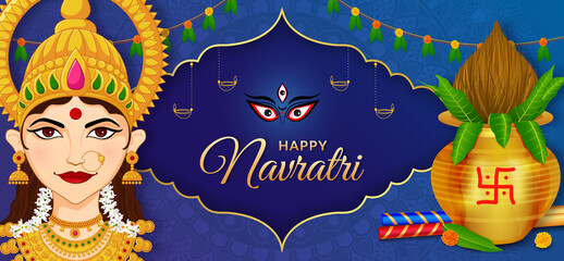 Plakat Navratri Kalash with Goddess Durga Maa Shubh Navratri festival Happy Dussehra and Durga Puja