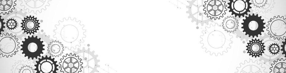 Banner design template or website header. Cogs and gear wheel mechanisms. Concepts and ideas for digital technology and engineering design . Abstract technical background of mechanical engineering