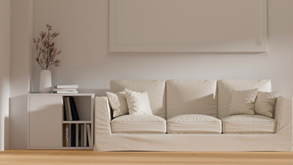 White modern minimalist living room, comfortable sofa, modern decorations, poster frame mockup