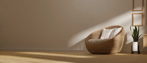 Minimal Scandinavia coastal boho living room interior style, wicker round chair, poster mockup on wall © bongkarn