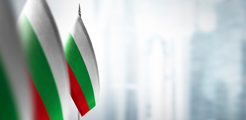 Small flags of Bulgaria on the background of a blurred background
