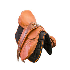 Competitive saddle of brown leather on the side on a white background - obrazy, fototapety, plakaty