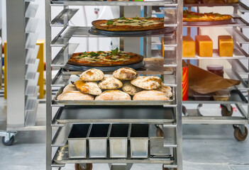 bread is baked in oven industrial food production line