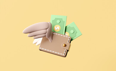 Flying wallet and wings with dollar banknote isolated on yellow background.lost money concept,3d illustration or 3d render