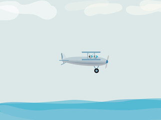 Vector illustration, two men flying on a plane over the sea. Composition on the topic of travel, planes, transport, adventures, trips.