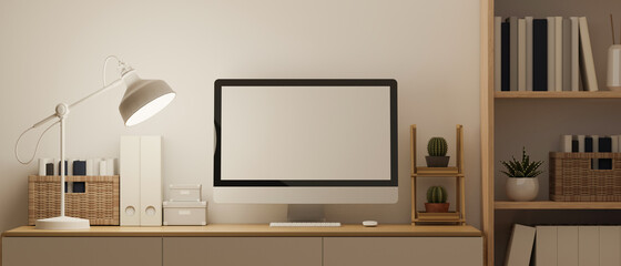 Interior of working space in Modern Scandinavian style with blank computer screen mockup, 3d rendering