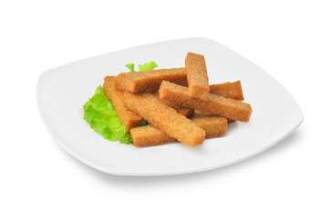 black garlic bread with sauce, beer snack on white plate isolated on white
