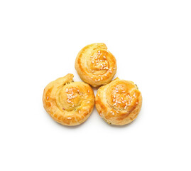 Puff pastry stuffed with spinach on white background