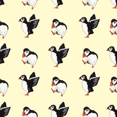 Vector yellow background ocean seabird, arctic birds, puffins. Seamless pattern background