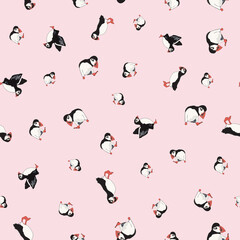 Vector pink background ocean seabird, arctic birds, puffins. Seamless pattern background