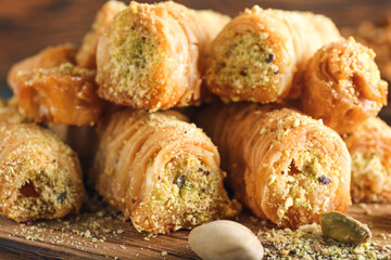 Delicious baklava on table, closeup