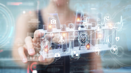 Woman holding and touching holographic tubes samples projection 3D rendering