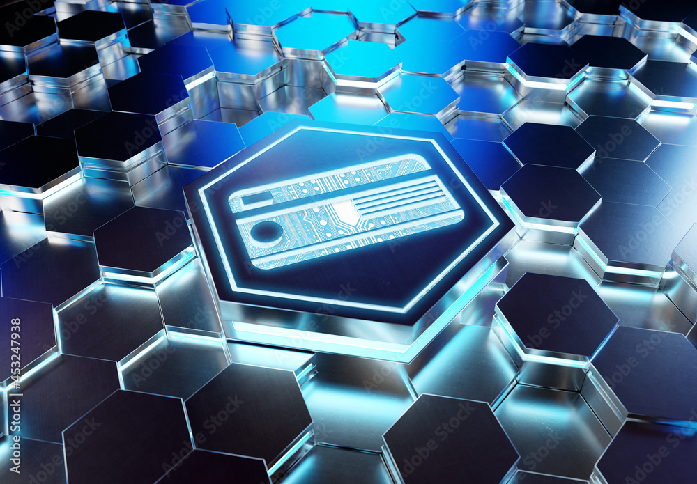 Poster payment card icon concept engraved on metal hexagonal pedestral background. credit card logo glowing