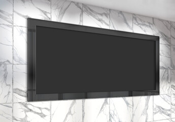 Panoramic frame Mockup hanging on office marble wall. Mock up of a large billboard in modern company interior 3D rendering
