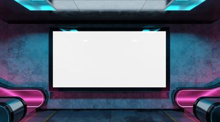 Panoramic billboard on underground subway Mockup. Hoarding advertising hanging on glowing neon interior 3D rendering © sdecoret