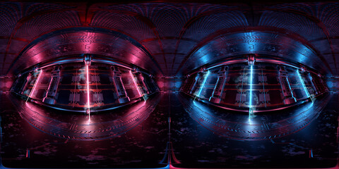 Fototapeta na wymiar HDRI panoramic view of dark blue pink spaceship interior. High resolution 360 degrees panorama reflection mapping of a futuristic spacecraft 3D rendering