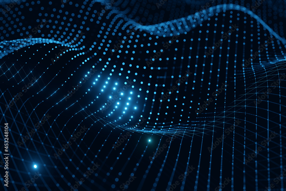 Poster Moving neon blue wireframe pattern forming a digital network connection on dark background