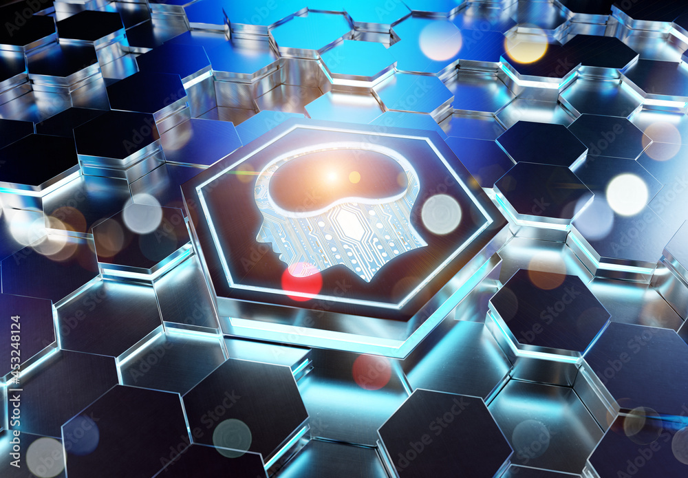 Fototapete Brain icon concept engraved on metal hexagonal pedestral background. Artificial intelligence symbol glowing on abstract digital surface. 3d rendering