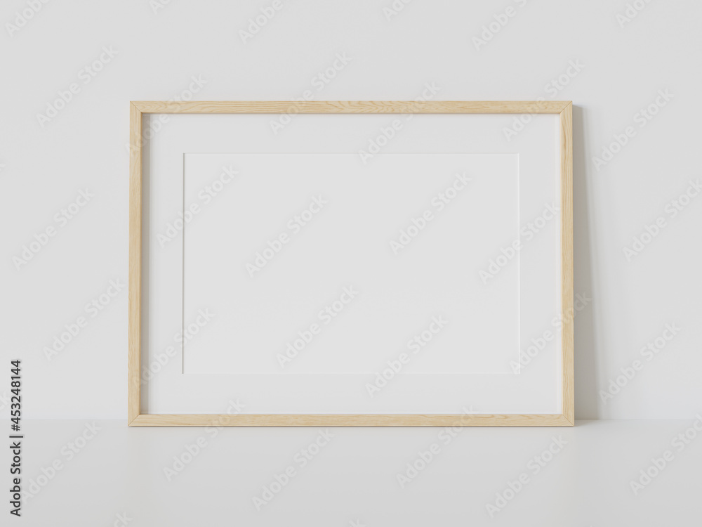 Aufkleber wooden frame leaning on white floor in interior mockup. template of a picture framed on a wall 3d re