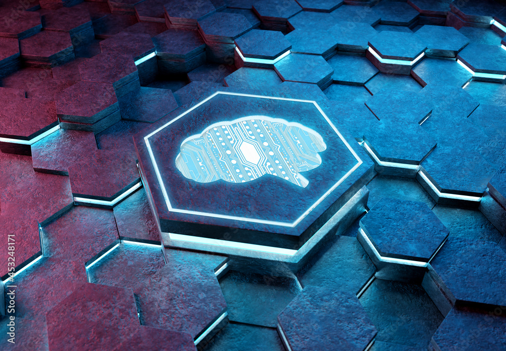 Fototapete Brain icon concept engraved on metal hexagonal pedestral background. Artificial intelligence symbol glowing on abstract digital surface. 3d rendering
