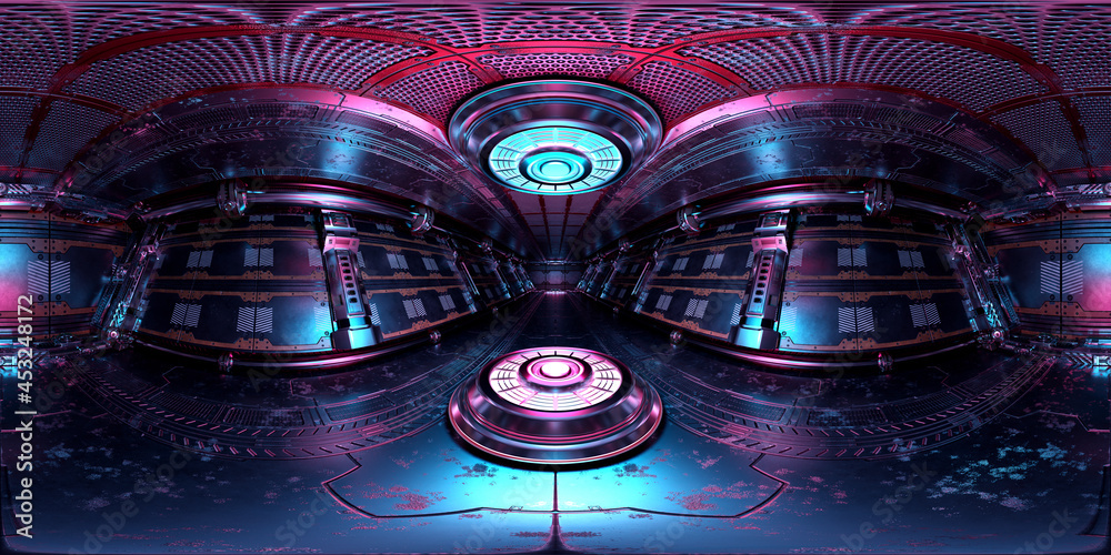 Aufkleber HDRI panoramic view of dark blue pink spaceship interior. High resolution 360 degrees panorama reflection mapping of a futuristic spacecraft with projector 3D rendering