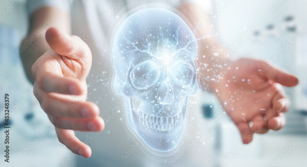 Poster Man using digital x-ray skull holographic scan projection 3D rendering