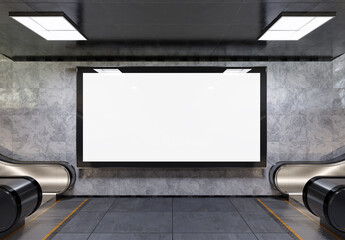 Panoramic billboard on underground subway Mockup. Hoarding advertising hanging on train station interior 3D rendering © sdecoret
