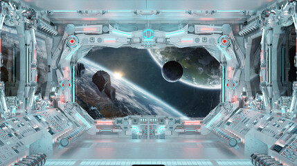 White spaceship interior with glowing blue and red lights. Futuristic spacecraft with large window view on planets in space. 3D rendering © sdecoret
