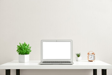 Comfortable stylish workplace with laptop, alarm clock and houseplant near light wall