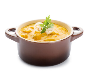 Pot of tasty chicken curry on white background