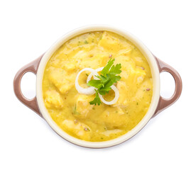 Pot of tasty chicken curry on white background
