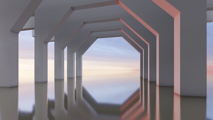 Architecture interior background geometric arched passage 3d render