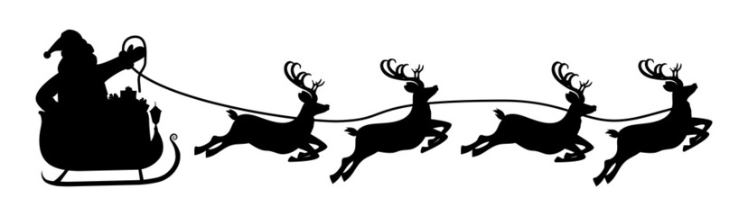 Silhouette of Santa Claus on Sleigh Full of Gifts and his Reindeers. Happy New Year Decoration. Merry Christmas Holiday. New Year and Xmas Celebration. Vector illustration