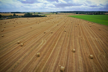 aerial view of straw rolls in the fields in france