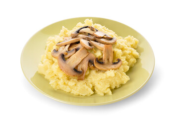 Plate with tasty mashed potatoes and mushrooms on white background