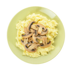 Plate with tasty mashed potatoes and mushrooms on white background