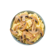 Bowl with tasty mashed potatoes and mushrooms on white background