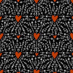 Abstract contemporary style seamless pattern with creative arrows and hearts in minimalism aesthetic, retro background.