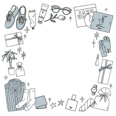 Gift motifs vector line illustrations. メンズギフトのベクターフレームイラスト