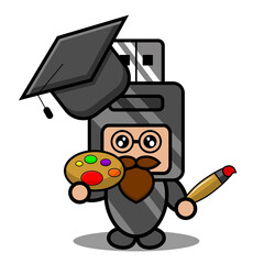 doodle vector cartoon cute flash drive mascot costume character wearing graduation hat and holding painter's tools