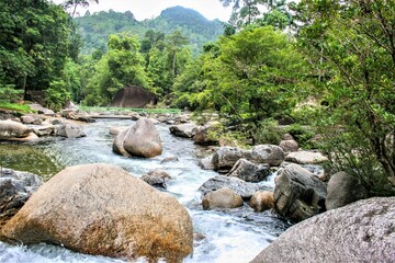 big stones and waterfall beautiful nature in south Thailand