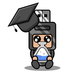 doodle vector cartoon cute flash drive mascot costume character wearing graduation cap and holding science glass