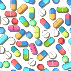 Medicines seamless pattern. Illustration with pills. Concurrency. Medicinal drugs. Pharmaceuticals. Ambulance. Pharmacy. Flat design. Vector